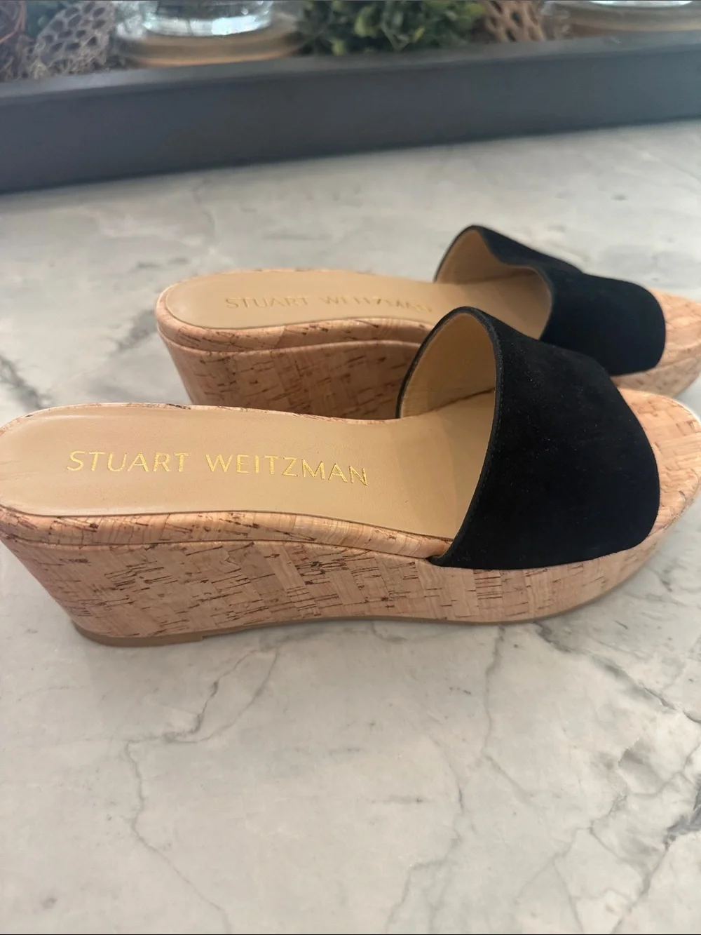 Stuart Weitzman Black Suede Cork Wedge Slide Sandals